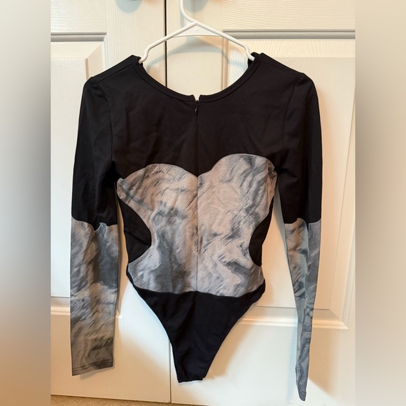 Maniere De Voir Tops - Maniere De Voir Black and Gray Bodysuit with Trompe L'oeil Print